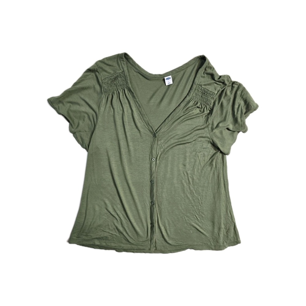 Old Navy Rayon Women's Blouse Olive Green Large Button Up Smocked
